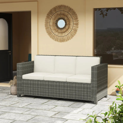 Outsunny 3 Seater Rattan Sofa All-Weather Wicker Weave Metal Frame Chair with Fire Resistant Cushion