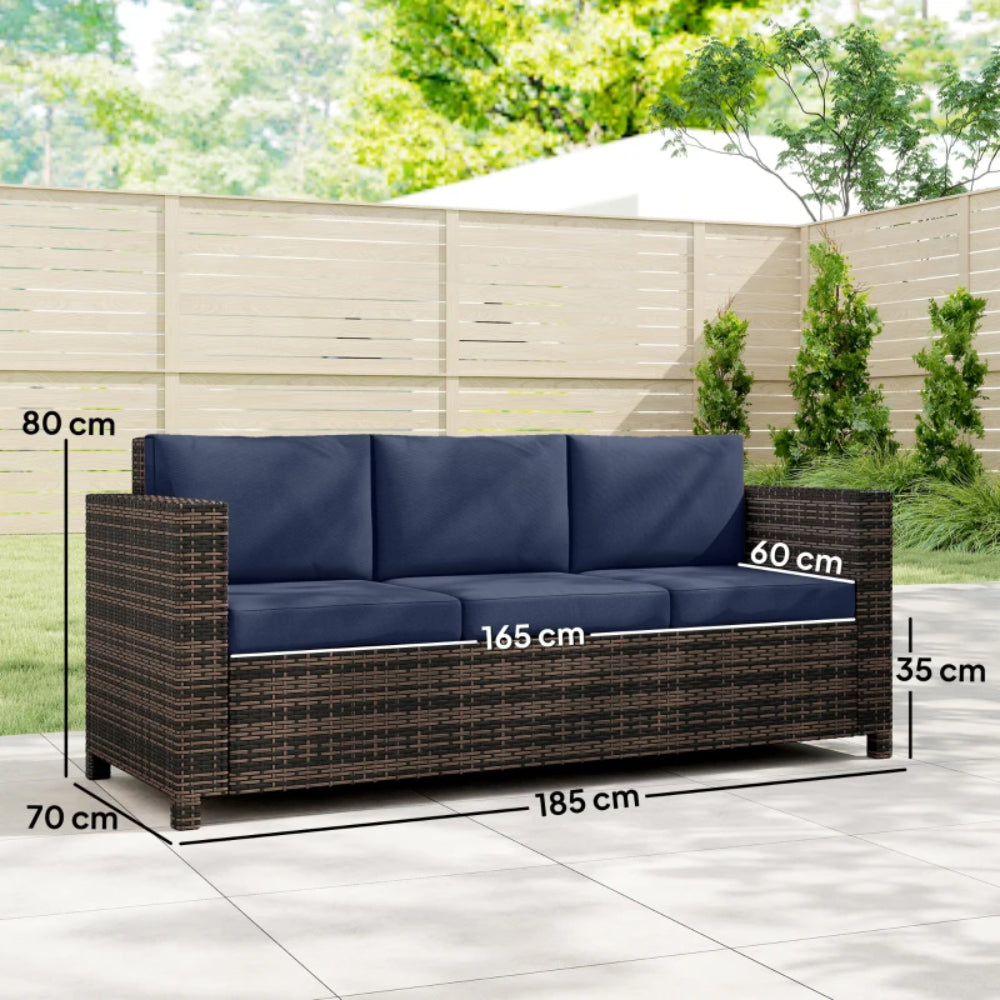 Outsunny 3 Seater Rattan Sofa All-Weather Wicker Weave Metal Frame Chair with Fire Resistant Cushion