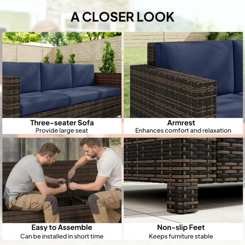 Outsunny 3 Seater Rattan Sofa All-Weather Wicker Weave Metal Frame Chair with Fire Resistant Cushion