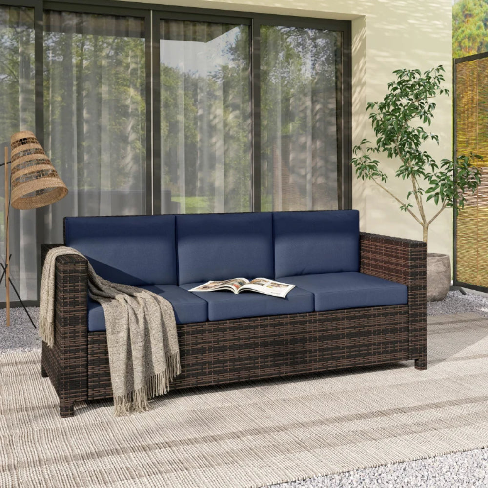 Outsunny 3 Seater Rattan Sofa All-Weather Wicker Weave Metal Frame Chair with Fire Resistant Cushion