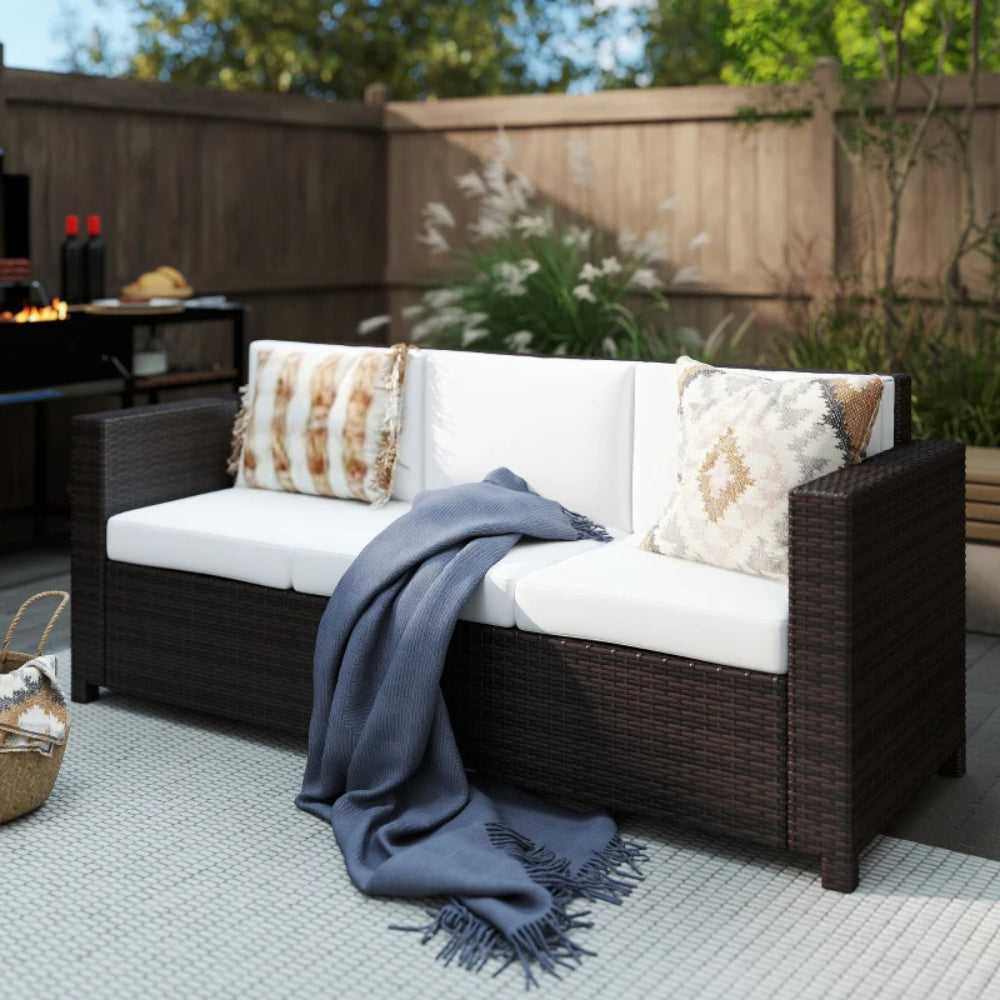 Outsunny 3 Seater Rattan Sofa All-Weather Wicker Weave Metal Frame Chair with Fire Resistant Cushion