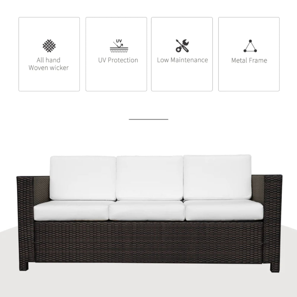 Outsunny 3 Seater Rattan Sofa All-Weather Wicker Weave Metal Frame Chair with Fire Resistant Cushion