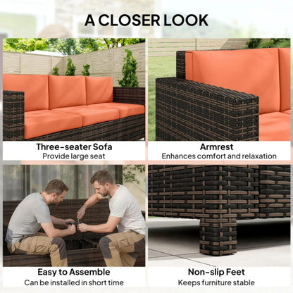 Outsunny 3 Seater Rattan Sofa All-Weather Wicker Weave Metal Frame Chair with Fire Resistant Cushion