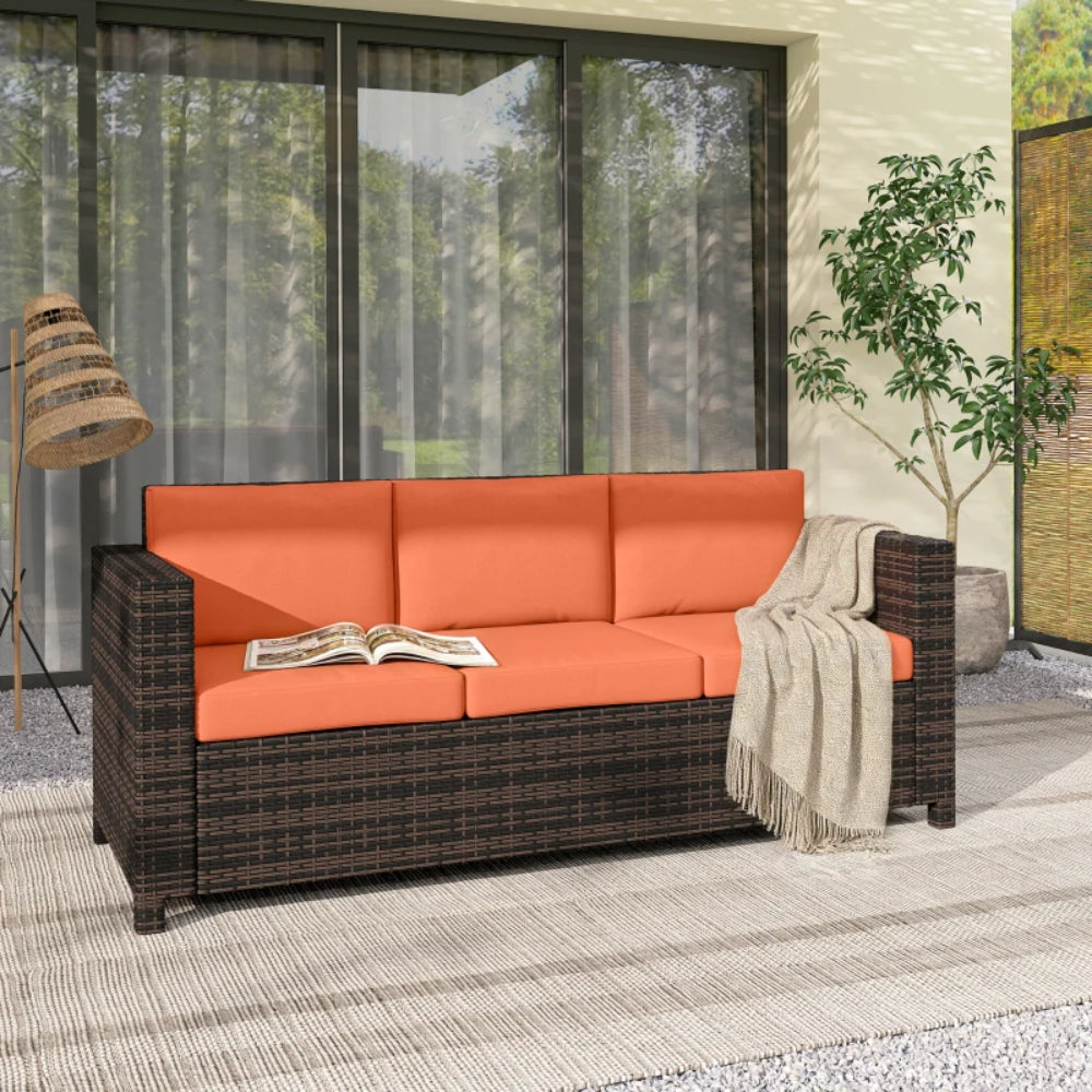Outsunny 3 Seater Rattan Sofa All-Weather Wicker Weave Metal Frame Chair with Fire Resistant Cushion