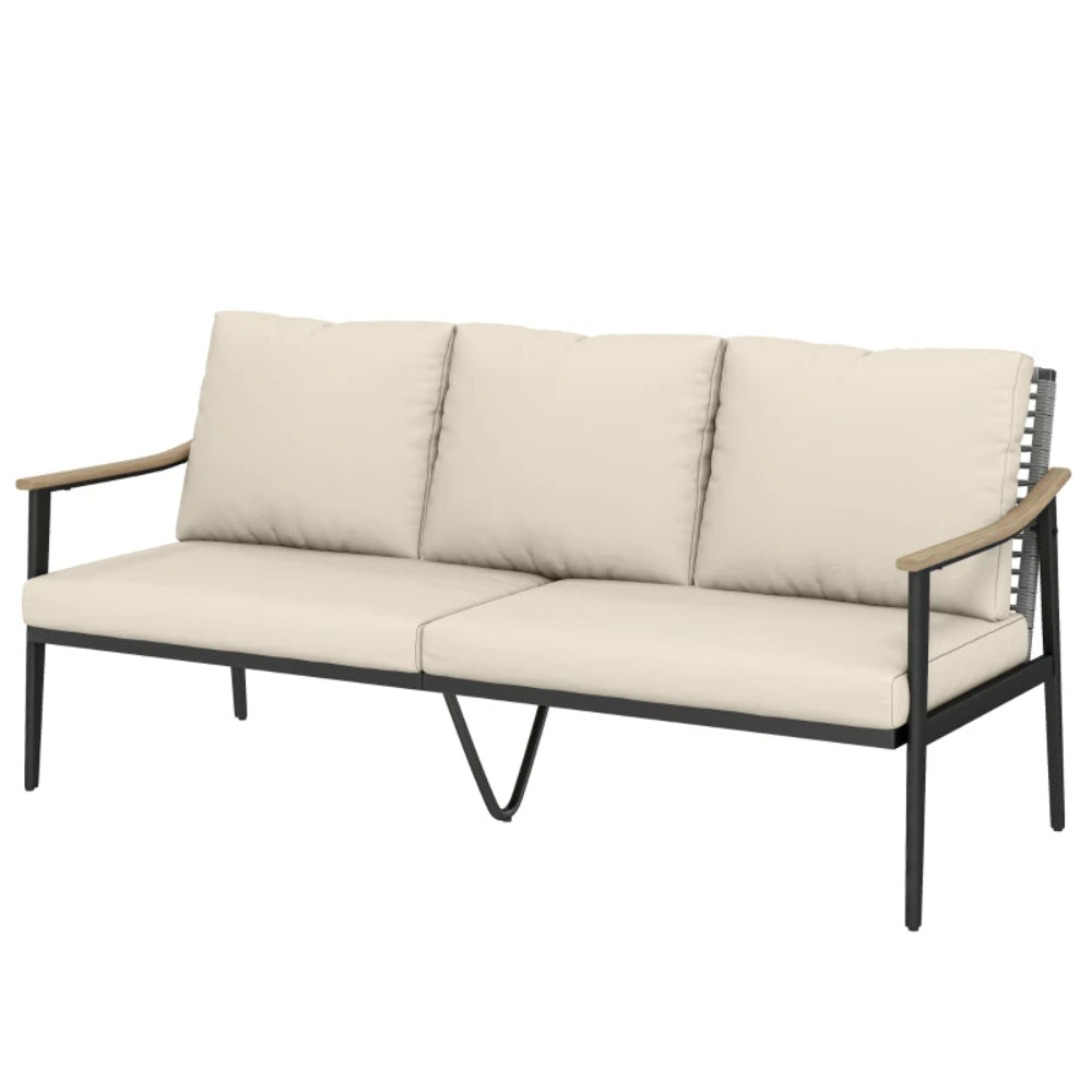 Outsunny 3 Seater Rattan Sofa, Outdoor Garden Sofa with Wood-Effect Armrests, Cushions for Patio, Balcony, Khaki