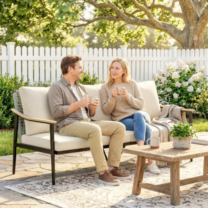 Outsunny 3 Seater Rattan Sofa, Outdoor Garden Sofa with Wood-Effect Armrests, Cushions for Patio, Balcony, Khaki