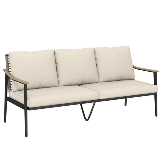 Outsunny 3 Seater Rattan Sofa, Outdoor Garden Sofa with Wood-Effect Armrests, Cushions for Patio, Balcony, Khaki