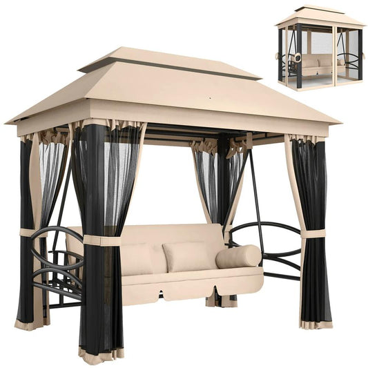 Outsunny 3 Seater Swing Chair 3-in-1 Convertible Garden Swing Seat Bed Gazebo Patio Bench Outdoor with Double Tier Canopy, Cushioned Seat, Mesh Sidewalls 