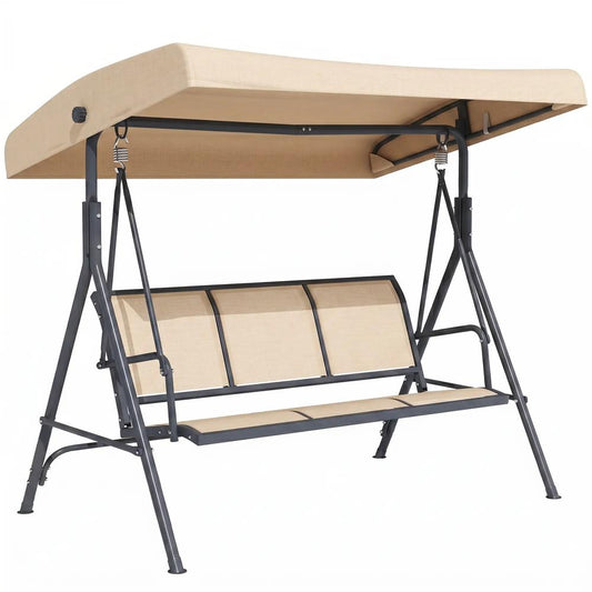 Outsunny 3 Seater Swing Chair, Garden Swing Bench with Adjustable Tilting Canopy, Breathable Mesh Seat and Heavy Duty Steel Frame for Patio, Yard, Beige 