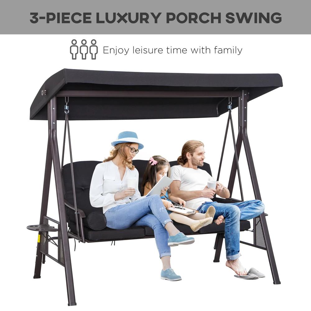 Outsunny 3 Seater Swing Chair Hammock Chair with Adjustable Canopy, Black 6