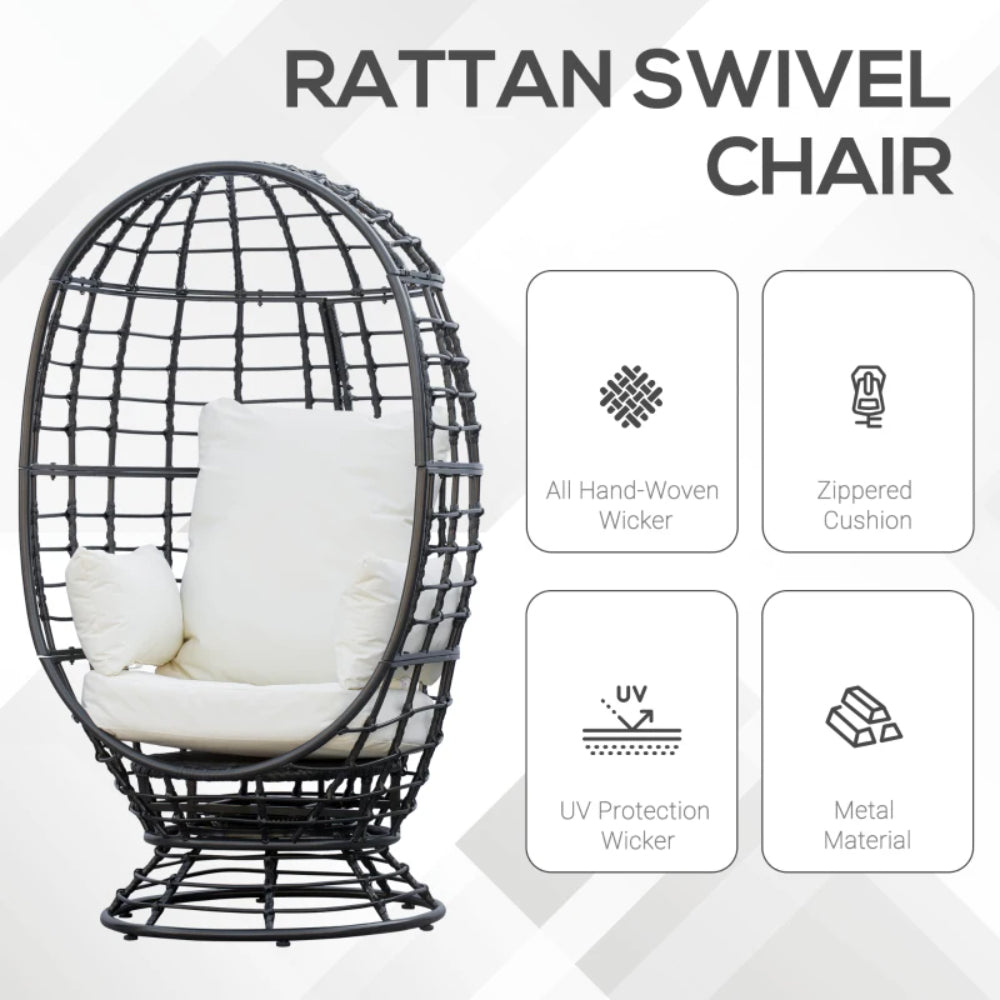 Outsunny 360&deg; Swivel Egg Chair, Garden Rattan Swivel Chair with Thickened Cushion and Pillow, 150 KG Capacity for Indoor Outdoor, Balcony, Patio, Black