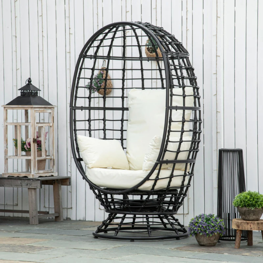 Outsunny 360&deg; Swivel Egg Chair, Garden Rattan Swivel Chair with Thickened Cushion and Pillow, 150 KG Capacity for Indoor Outdoor, Balcony, Patio, Black