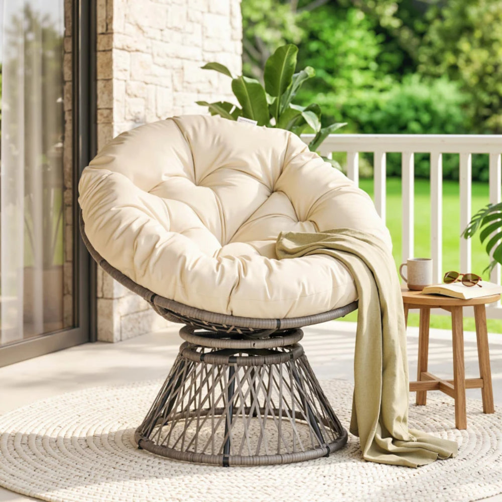 Outsunny 360&deg; Swivel Rattan Papasan Moon Bowl Chair Round Lounge Garden Wicker Basket Seat with Padded Cushion Oversized for Outdoor Indoor