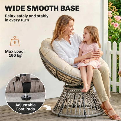 Outsunny 360&deg; Swivel Rattan Papasan Moon Bowl Chair Round Lounge Garden Wicker Basket Seat with Padded Cushion Oversized for Outdoor Indoor