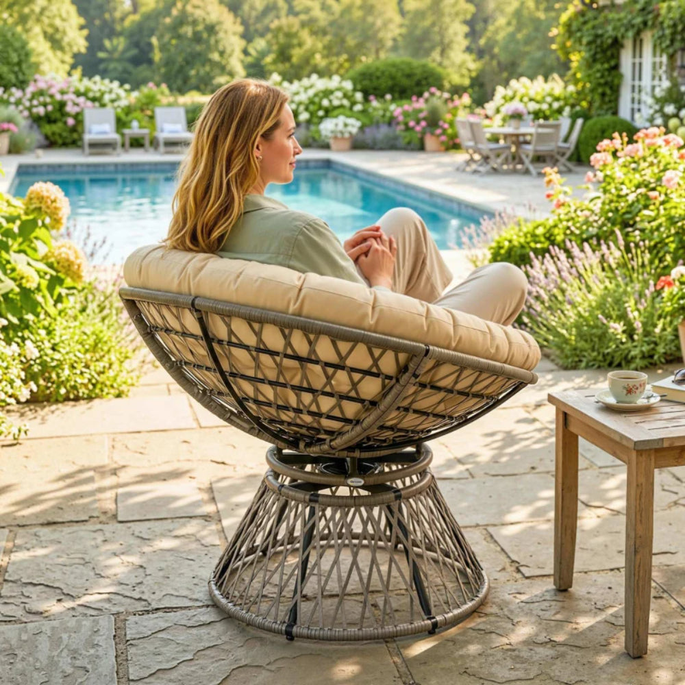 Outsunny 360&deg; Swivel Rattan Papasan Moon Bowl Chair Round Lounge Garden Wicker Basket Seat with Padded Cushion Oversized for Outdoor Indoor