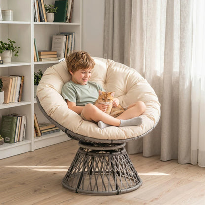 Outsunny 360&deg; Swivel Rattan Papasan Moon Bowl Chair Round Lounge Garden Wicker Basket Seat with Padded Cushion Oversized for Outdoor Indoor