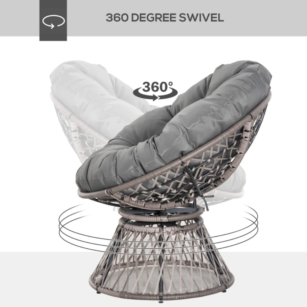 Outsunny 360&deg; Swivel Rattan Papasan Moon Bowl Chair Round Lounge Garden Wicker Basket Seat with Padded Cushion Oversized for Outdoor Indoor