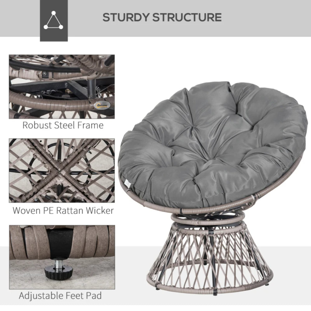 Outsunny 360&deg; Swivel Rattan Papasan Moon Bowl Chair Round Lounge Garden Wicker Basket Seat with Padded Cushion Oversized for Outdoor Indoor