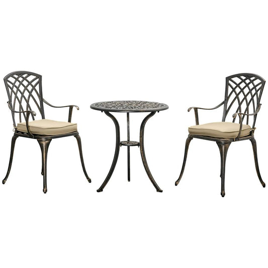 Outsunny 3pc Cast Aluminium Garden Bistro Set for 2 with Parasol Hole, Outdoor Coffee Table Set Rust Resistant with Cushions, Bronze 