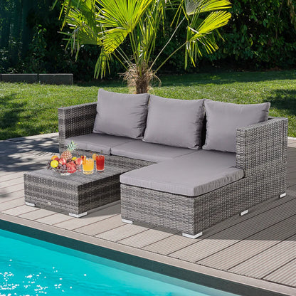 Outsunny 3PC Rattan Garden Furniture Storage Sofa Set, 4 Seater Wicker Coffee Table Conservatory Sun Lounger Reclining Set with Cushion, Grey