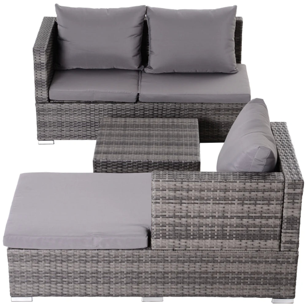 Outsunny 3PC Rattan Garden Furniture Storage Sofa Set, 4 Seater Wicker Coffee Table Conservatory Sun Lounger Reclining Set with Cushion, Grey