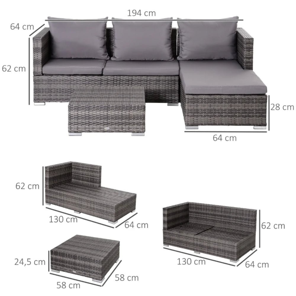 Outsunny 3PC Rattan Garden Furniture Storage Sofa Set, 4 Seater Wicker Coffee Table Conservatory Sun Lounger Reclining Set with Cushion, Grey