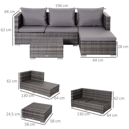 Outsunny 3PC Rattan Garden Furniture Storage Sofa Set, 4 Seater Wicker Coffee Table Conservatory Sun Lounger Reclining Set with Cushion, Grey