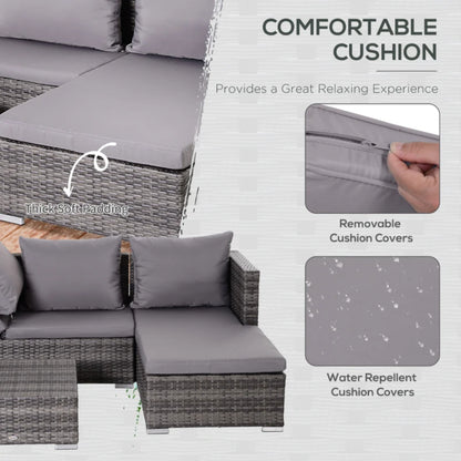 Outsunny 3PC Rattan Garden Furniture Storage Sofa Set, 4 Seater Wicker Coffee Table Conservatory Sun Lounger Reclining Set with Cushion, Grey