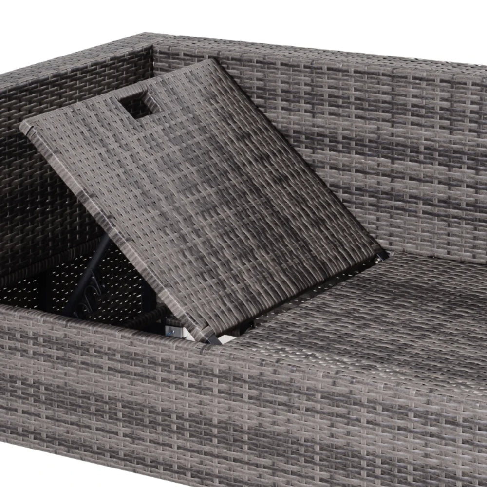 Outsunny 3PC Rattan Garden Furniture Storage Sofa Set, 4 Seater Wicker Coffee Table Conservatory Sun Lounger Reclining Set with Cushion, Grey