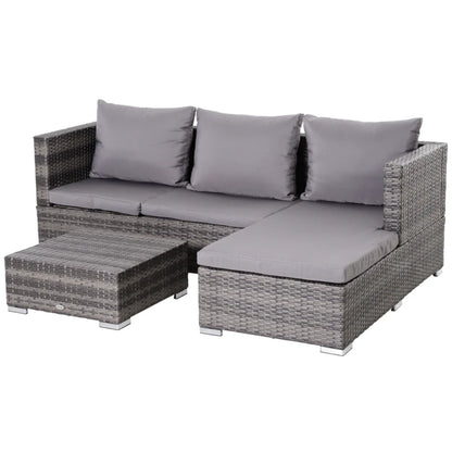 Outsunny 3PC Rattan Garden Furniture Storage Sofa Set, 4 Seater Wicker Coffee Table Conservatory Sun Lounger Reclining Set with Cushion, Grey