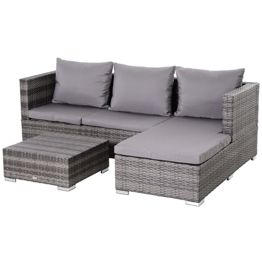 Outsunny 3PC Rattan Garden Furniture Storage Sofa Set, 4 Seater Wicker Coffee Table Conservatory Sun Lounger Reclining Set with Cushion, Grey