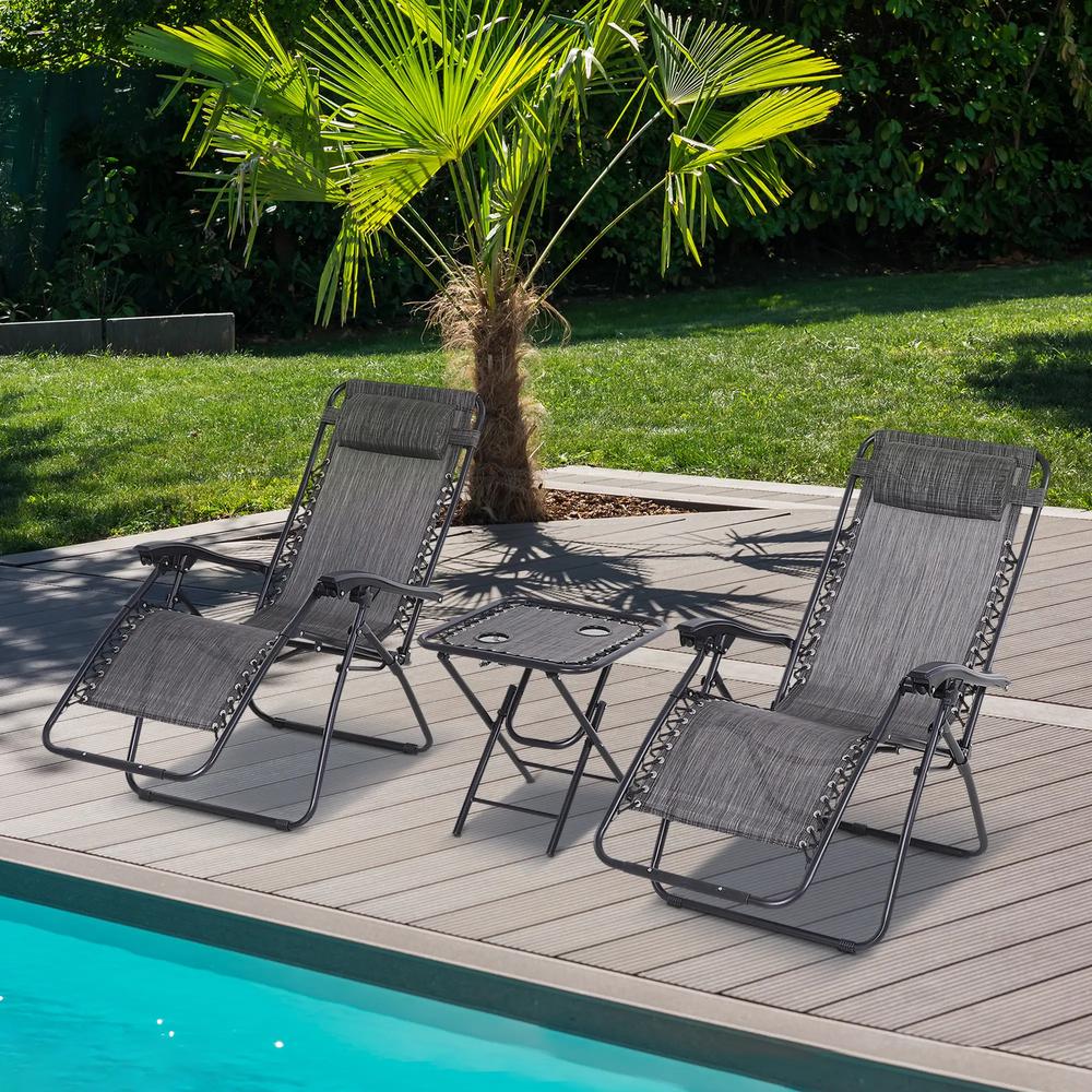 Outsunny 3pcs Folding Zero Gravity Chairs Sun Lounger Table Set w/ Cup Holders Reclining Garden Yard Pool 1