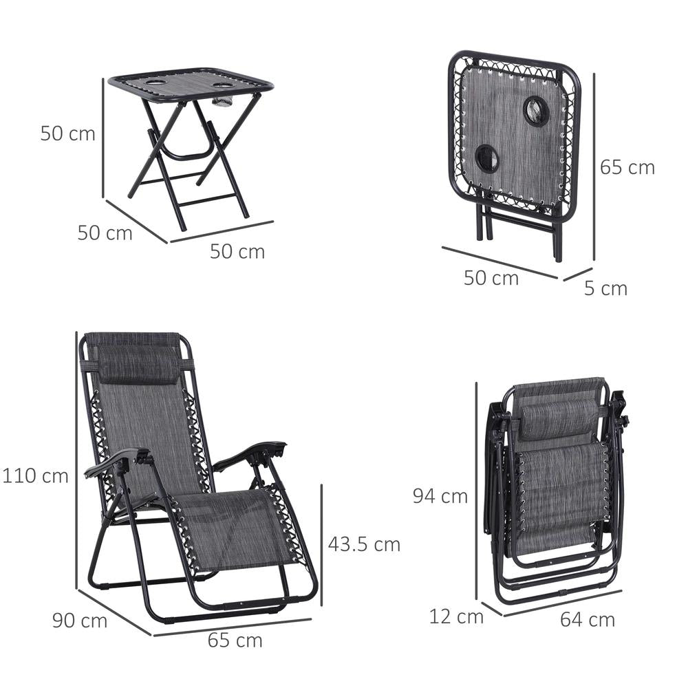 Outsunny 3pcs Folding Zero Gravity Chairs Sun Lounger Table Set w/ Cup Holders Reclining Garden Yard Pool 2