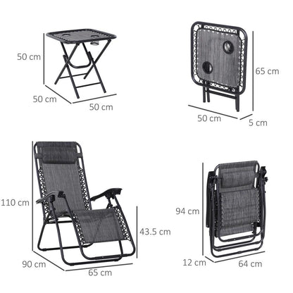 Outsunny 3pcs Folding Zero Gravity Chairs Sun Lounger Table Set w/ Cup Holders Reclining Garden Yard Pool 2