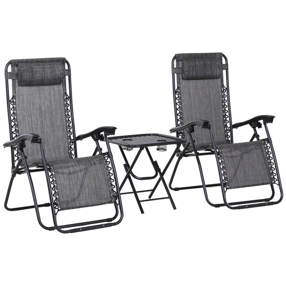 Outsunny 3pcs Folding Zero Gravity Chairs Sun Lounger Table Set w/ Cup Holders Reclining Garden Yard Pool 