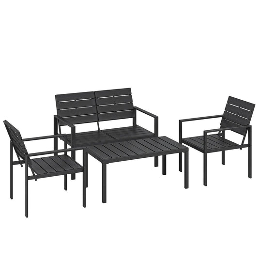 Outsunny 4 Piece Garden Furniture Set, Outdoor Sofa Set with HDPE Slatted Loveseat Armchairs Coffee Table Metal Frame, Black 