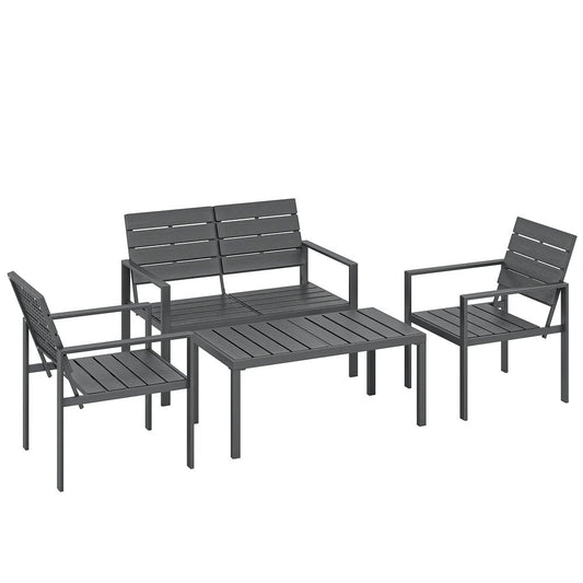 Outsunny 4 Piece Garden Furniture Set, Outdoor Sofa Set with HDPE Slatted Loveseat Armchairs Coffee Table Metal Frame, Dark Grey 