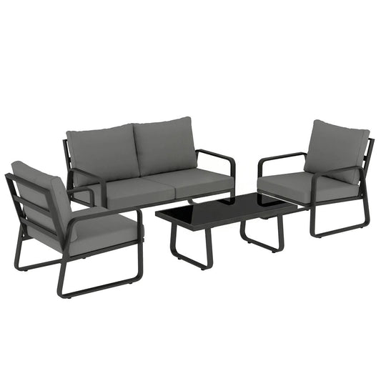 Outsunny 4 Piece Garden Furniture Set, Outdoor Sofa Set with Loveseat, 2 Armchairs, Coffee Table and Cushions 