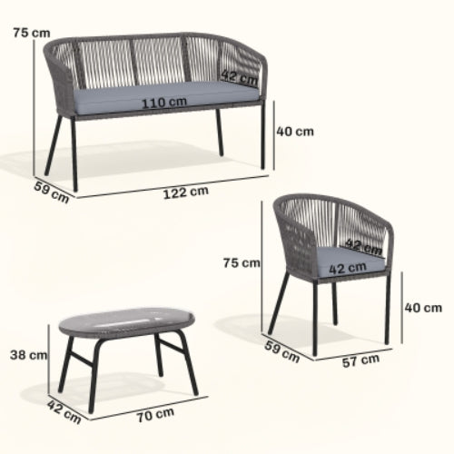 Outsunny 4 Piece Garden Furniture Set, Rope Garden Sofa Set with 1 Loveseat 2 Chairs Tempered Glass Table Cushions, Dark Grey
