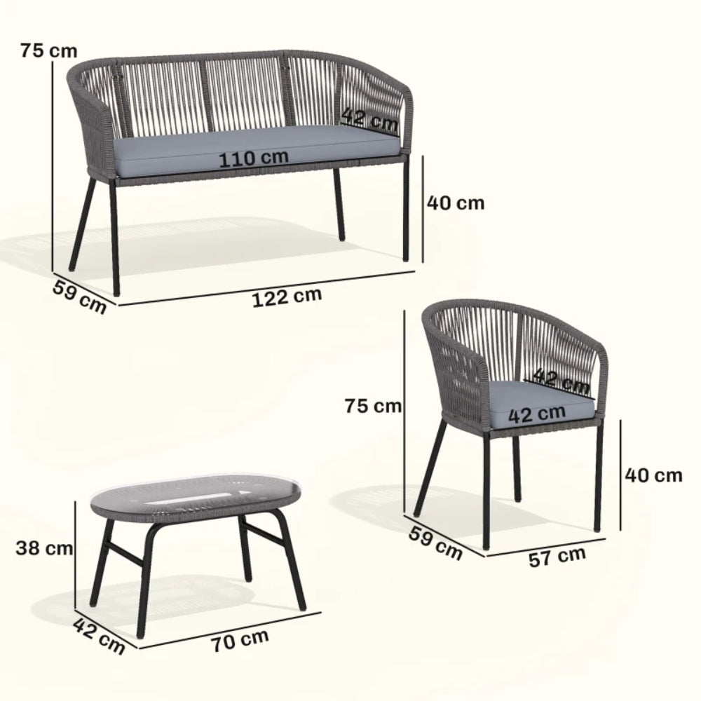 Outsunny 4 Piece Garden Furniture Set, Rope Garden Sofa Set with 1 Loveseat 2 Chairs Tempered Glass Table Cushions, Dark Grey