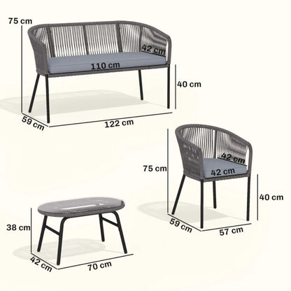 Outsunny 4 Piece Garden Furniture Set, Rope Garden Sofa Set with 1 Loveseat 2 Chairs Tempered Glass Table Cushions, Dark Grey