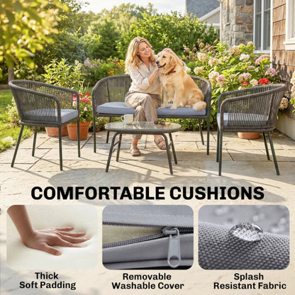 Outsunny 4 Piece Garden Furniture Set, Rope Garden Sofa Set with 1 Loveseat 2 Chairs Tempered Glass Table Cushions, Dark Grey