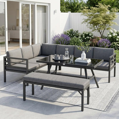 Outsunny 4 Piece L-shaped Garden Furniture Set 8-Seater Aluminium Outdoor Dining Set Conversation Sofa Set w/ Bench, Dining Table & Cushions, Grey 1