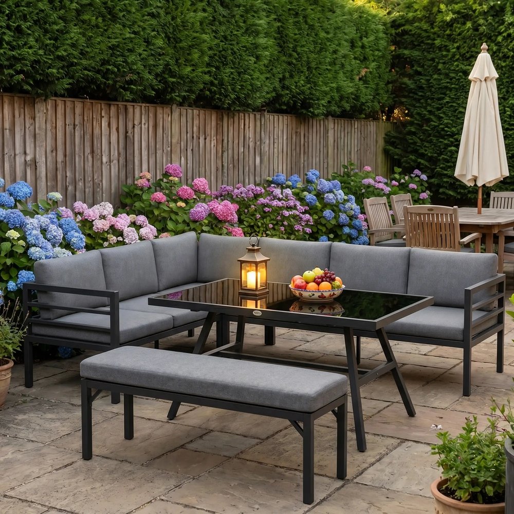 Outsunny 4 Piece L-shaped Garden Furniture Set 8-Seater Aluminium Outdoor Dining Set Conversation Sofa Set w/ Bench, Dining Table & Cushions, Grey 10