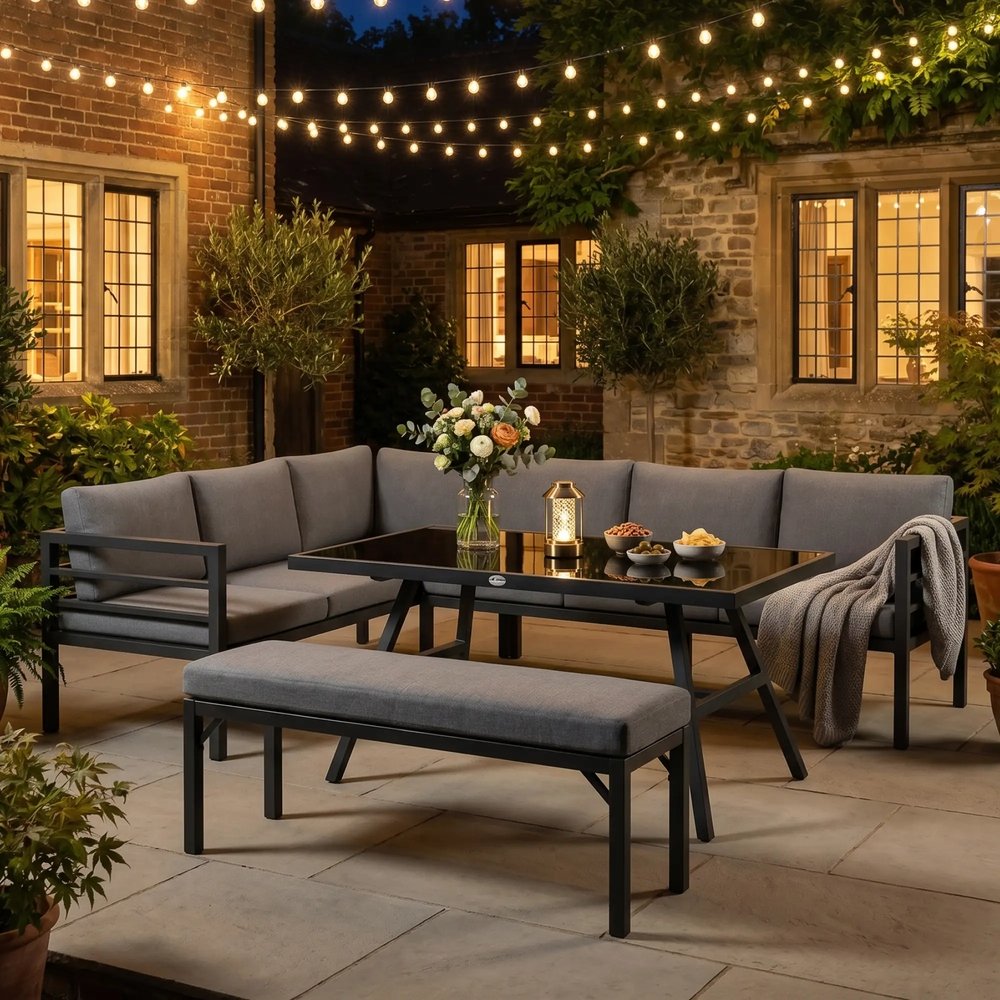 Outsunny 4 Piece L-shaped Garden Furniture Set 8-Seater Aluminium Outdoor Dining Set Conversation Sofa Set w/ Bench, Dining Table & Cushions, Grey 11