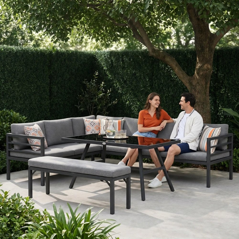 Outsunny 4 Piece L-shaped Garden Furniture Set 8-Seater Aluminium Outdoor Dining Set Conversation Sofa Set w/ Bench, Dining Table & Cushions, Grey 12