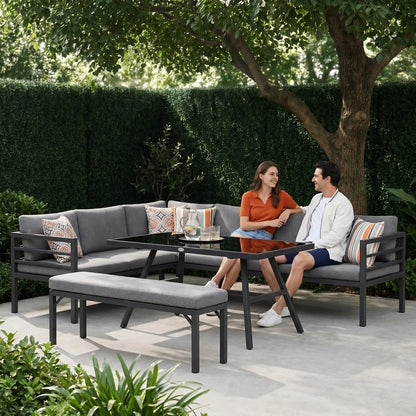 Outsunny 4 Piece L-shaped Garden Furniture Set 8-Seater Aluminium Outdoor Dining Set Conversation Sofa Set w/ Bench, Dining Table & Cushions, Grey 12