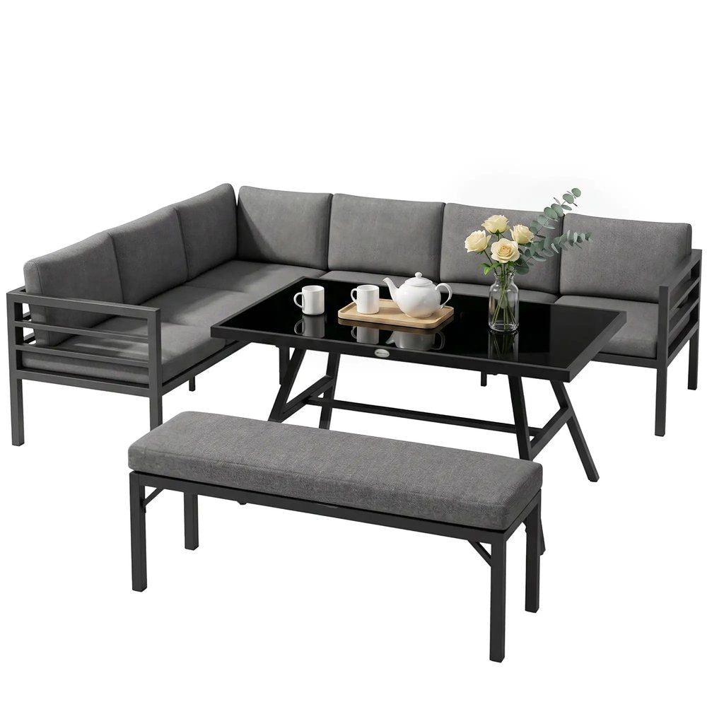 Outsunny 4 Piece L-shaped Garden Furniture Set 8-Seater Aluminium Outdoor Dining Set Conversation Sofa Set w/ Bench, Dining Table & Cushions, Grey 13