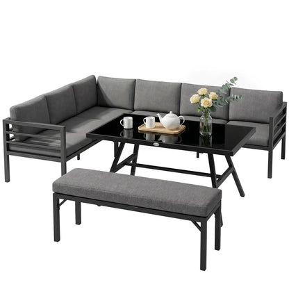 Outsunny 4 Piece L-shaped Garden Furniture Set 8-Seater Aluminium Outdoor Dining Set Conversation Sofa Set w/ Bench, Dining Table & Cushions, Grey 13
