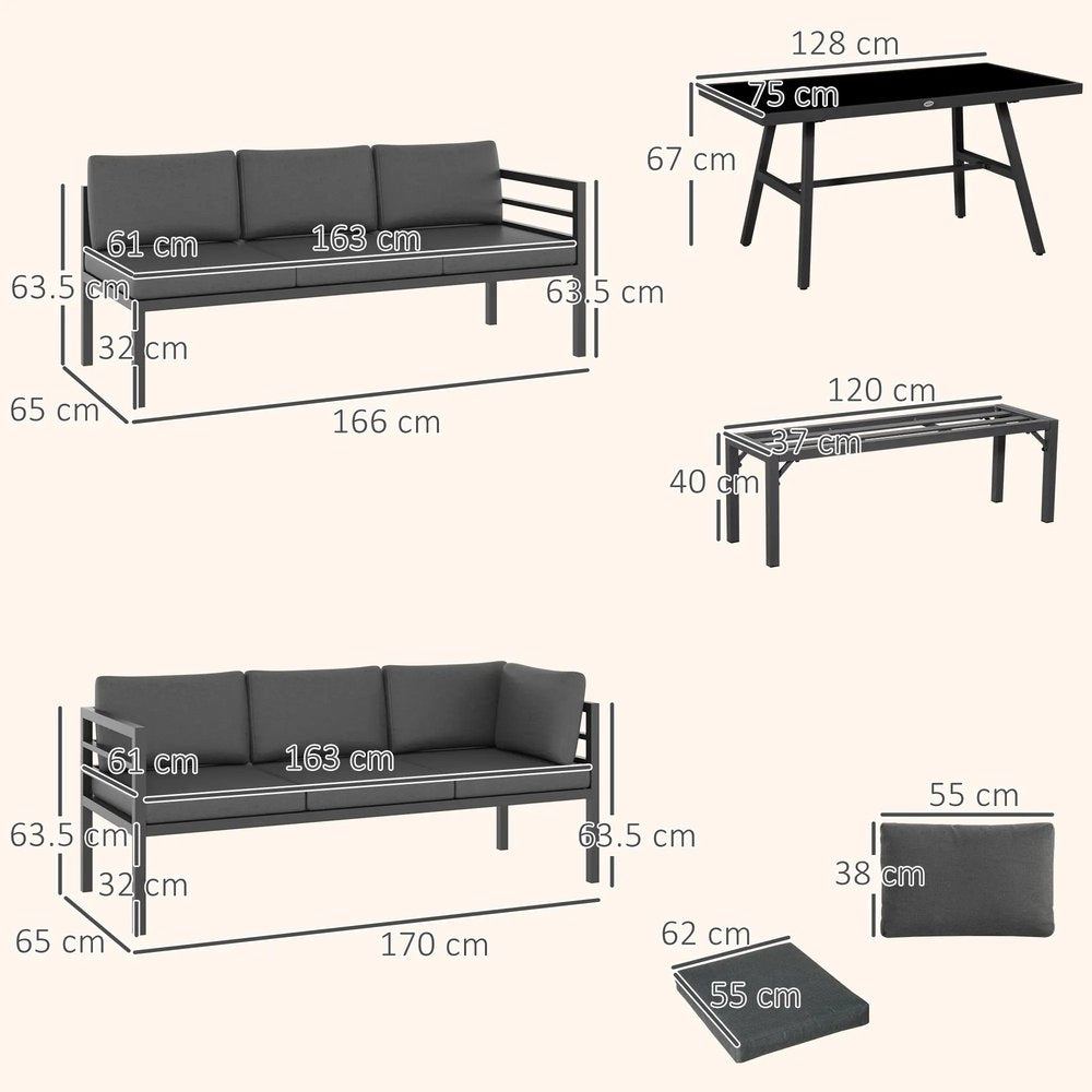 Outsunny 4 Piece L-shaped Garden Furniture Set 8-Seater Aluminium Outdoor Dining Set Conversation Sofa Set w/ Bench, Dining Table & Cushions, Grey 2